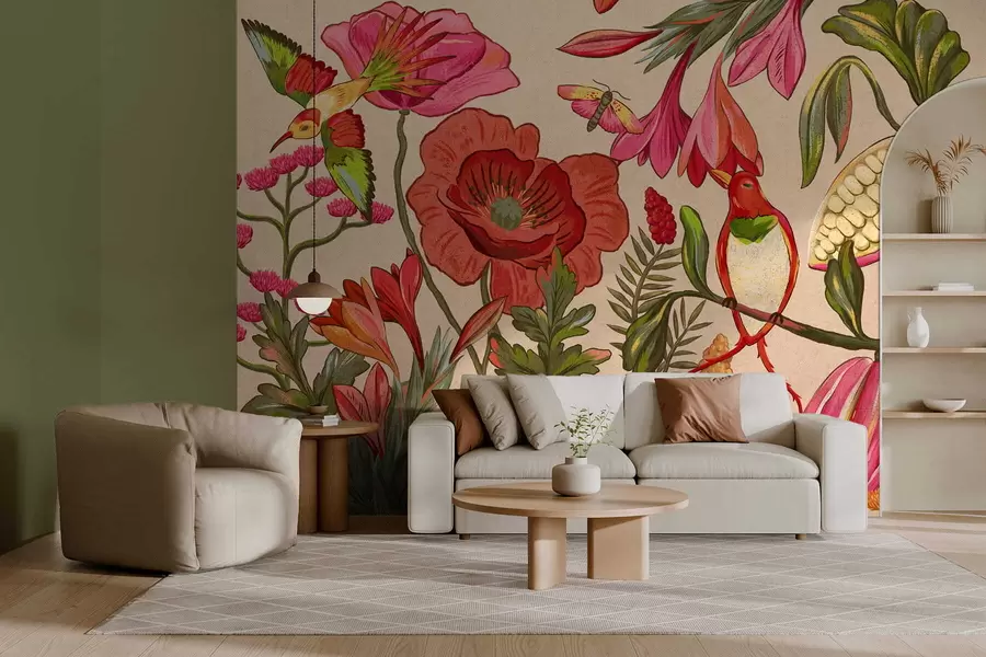 fotószőnyeg Dekoratív virágok és madarak bézs háttérrel w05036