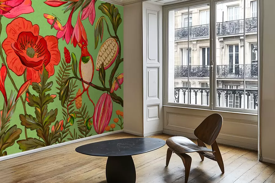 fotószőnyeg Dekoratív virágok és madarak zöld háttérrel w05036v1