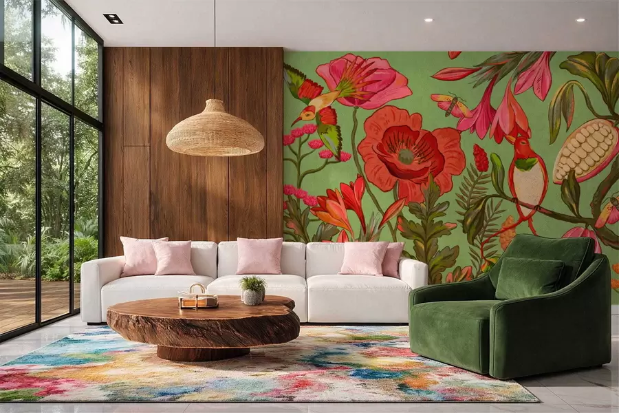 fotószőnyeg Dekoratív virágok és madarak zöld háttérrel w05036v1