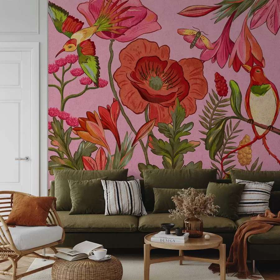 fotószőnyeg Dekoratív virágok és madarak rózsaszín háttérrel w05036v2