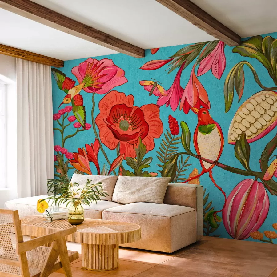 fotószőnyeg Dekoratív virágok és madarak kék háttérrel w05036v3