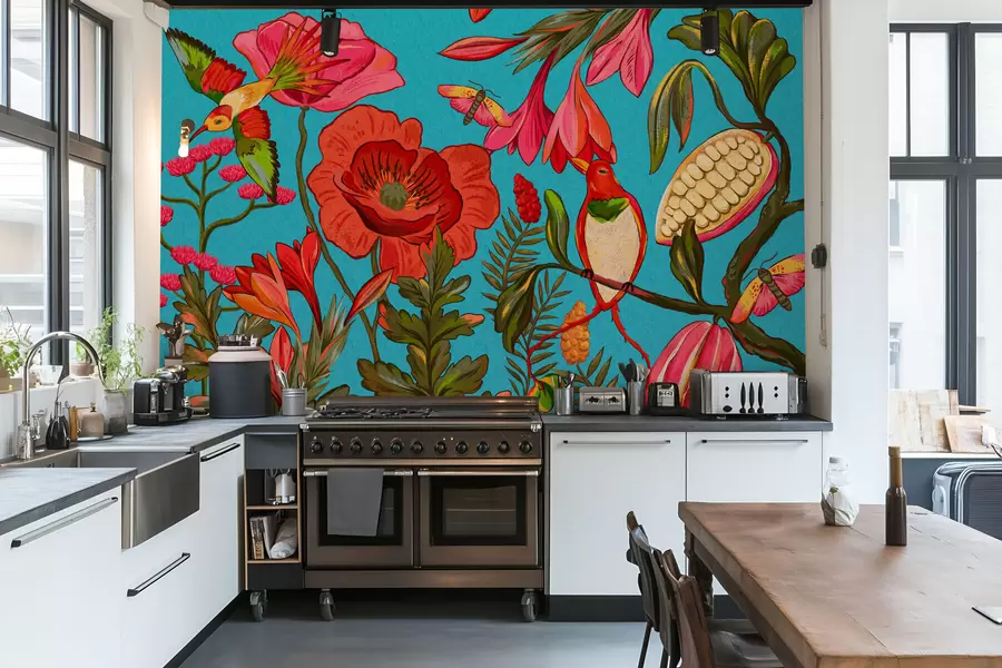 fotószőnyeg Dekoratív virágok és madarak kék háttérrel w05036v3