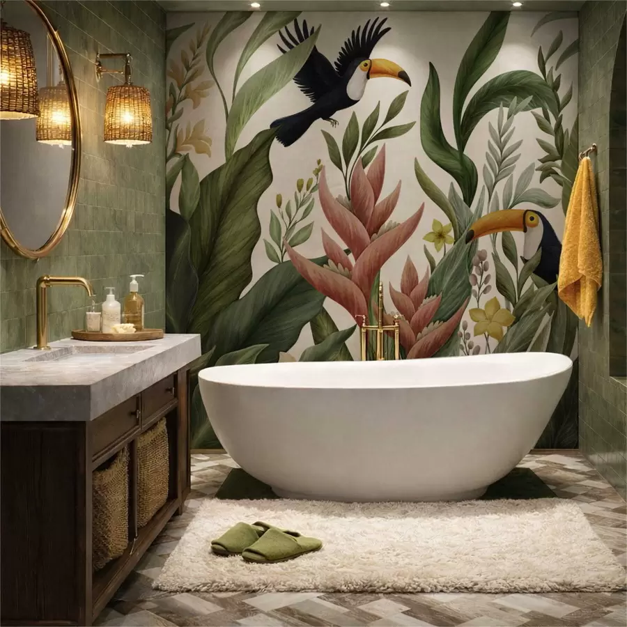 fotószőnyeg Trópusi növények és nagycsőrű madarak világos háttér előtt w05088v1