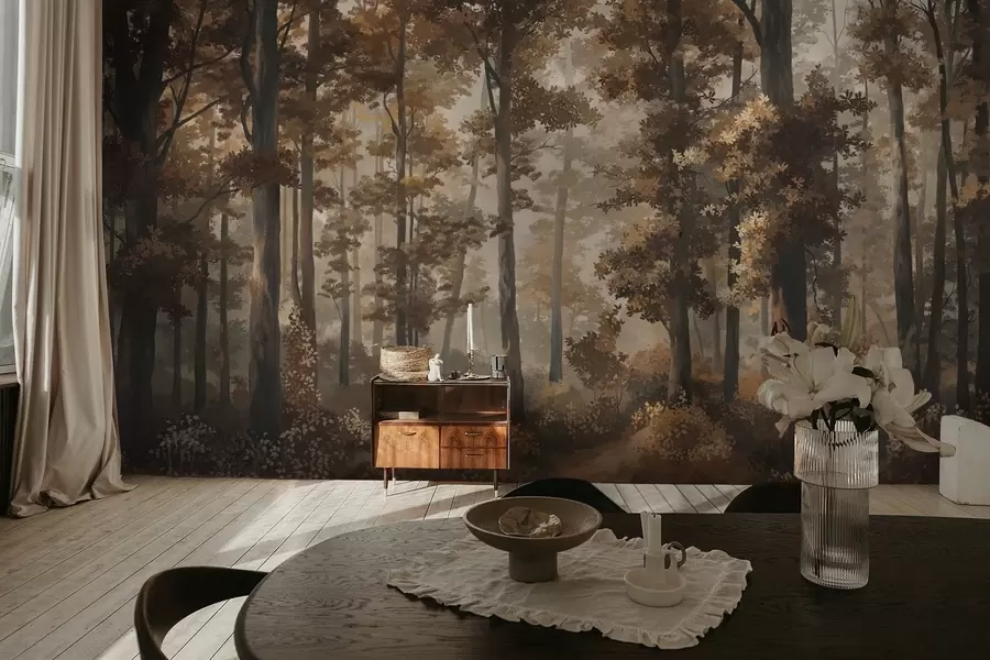 fotószőnyeg Őszi erdei táj meleg fényekkel és sűrű fákkal w05089v1