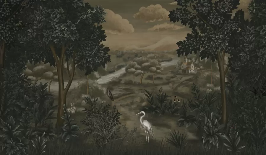 fotószőnyeg Fantázia táj folyóval, házzal és madarakkal a fák között w05090