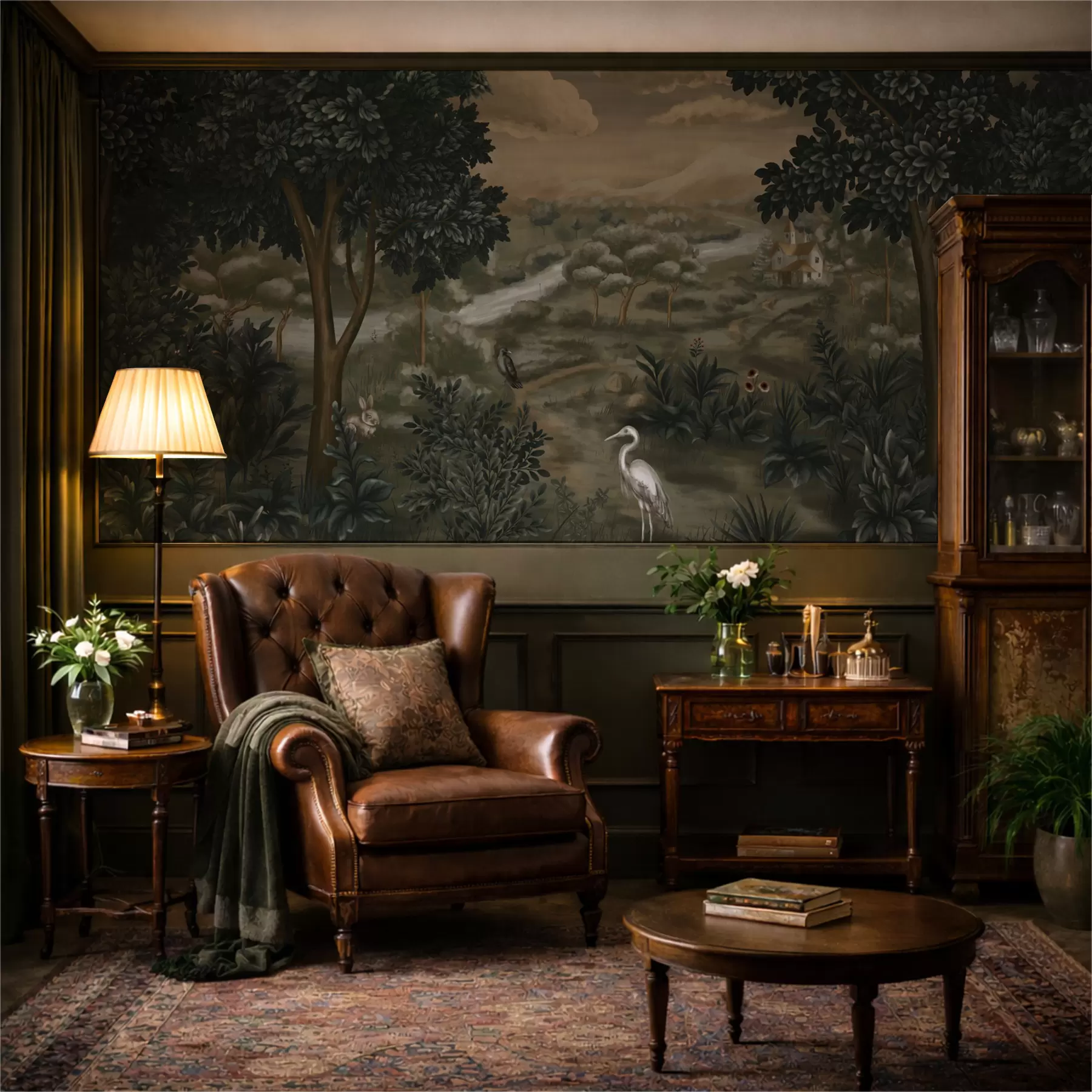 fotószőnyeg Fantázia táj folyóval, házzal és madarakkal a fák között w05090