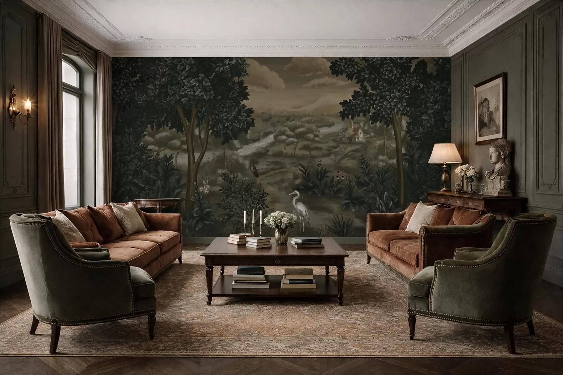 fotószőnyeg Fantázia táj folyóval, házzal és madarakkal a fák között w05090