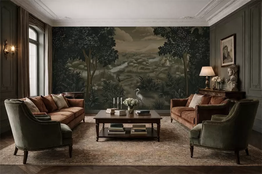 fotószőnyeg Fantázia táj folyóval, házzal és madarakkal a fák között w05090