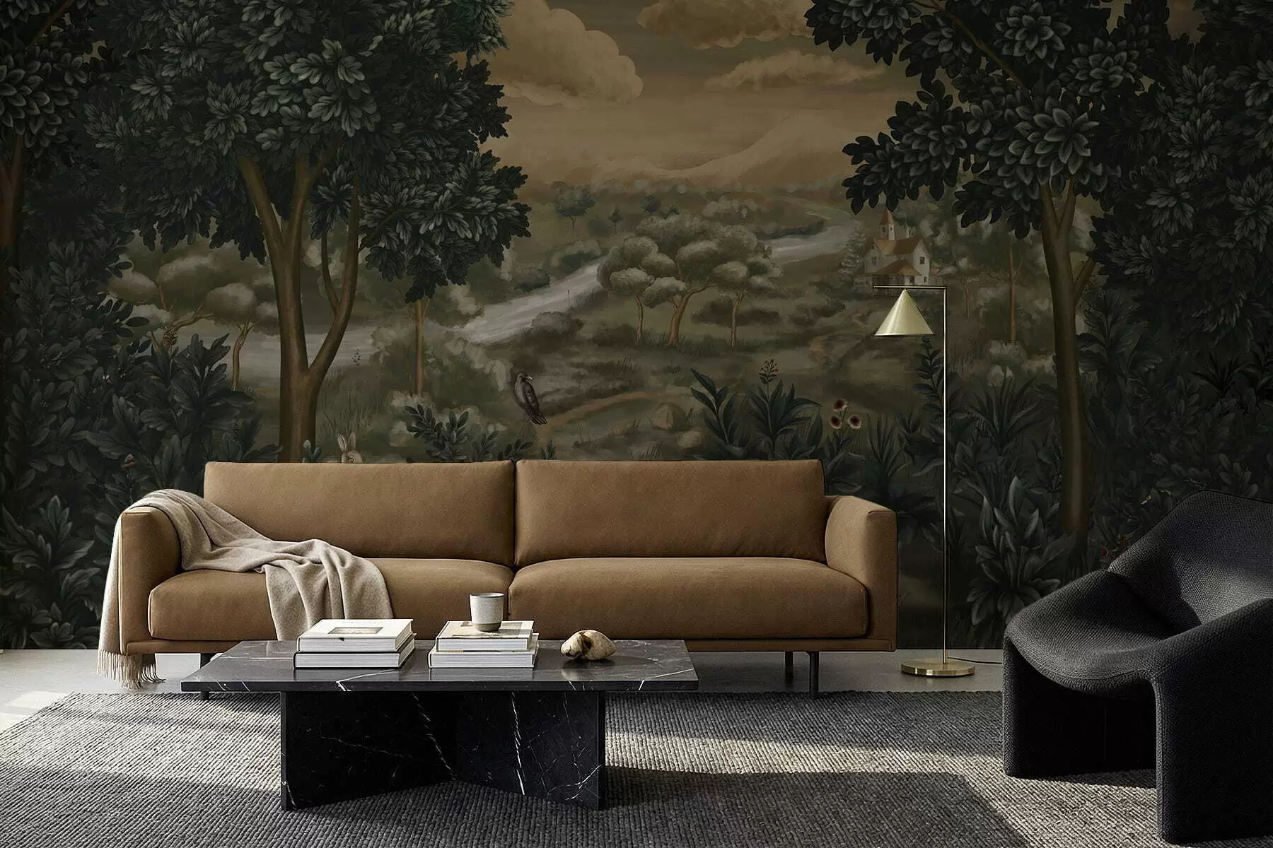 fotószőnyeg Fantázia táj folyóval, házzal és madarakkal a fák között w05090