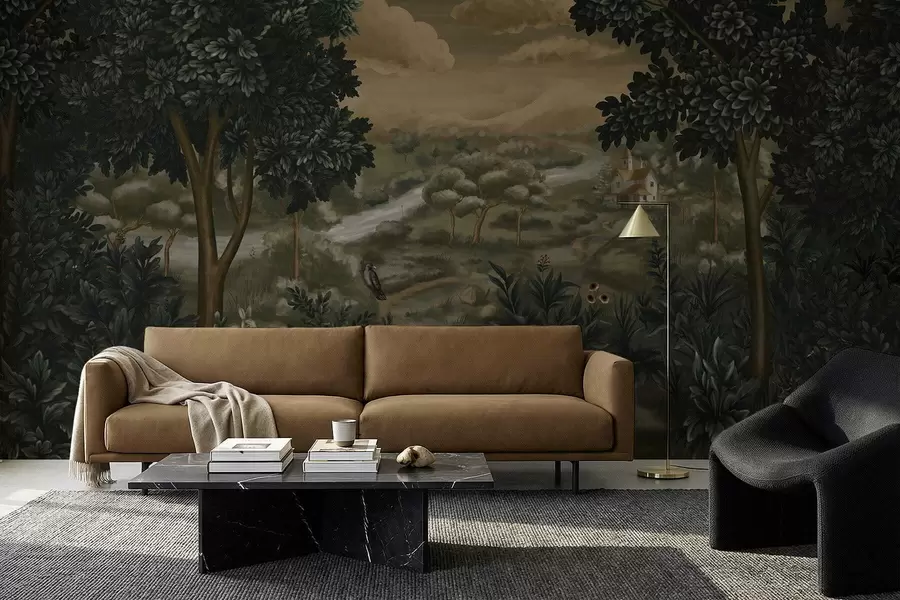 fotószőnyeg Fantázia táj folyóval, házzal és madarakkal a fák között w05090