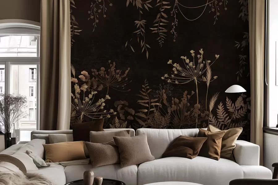 fotószőnyeg Sötét botanikai mintázat virágokkal és fűszálakkal w05092v3