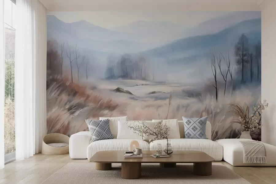 fotószőnyeg Texturált táj, előtérben száraz fűvel, háttérben fákkal, távolban hegyekkel w09542