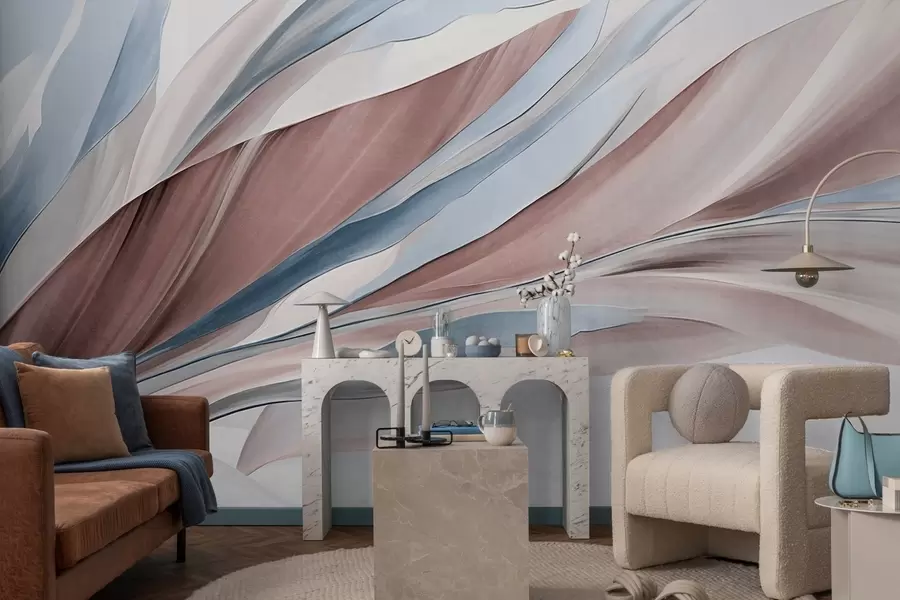 fotószőnyeg Absztrakt, kék és barna hullámok, vékony formák és vonalak, fehér háttér előtt, texturált művészet w09585v1