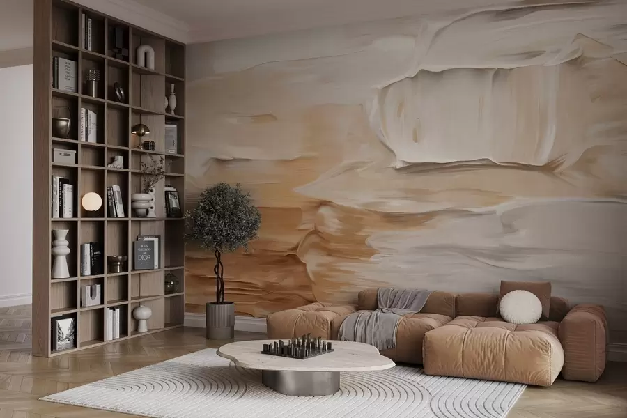 fotószőnyeg Absztrakt textúrájú ecsetvonások imitációja meleg földszínekben: bézs, krém és barna, modern művészet w09588