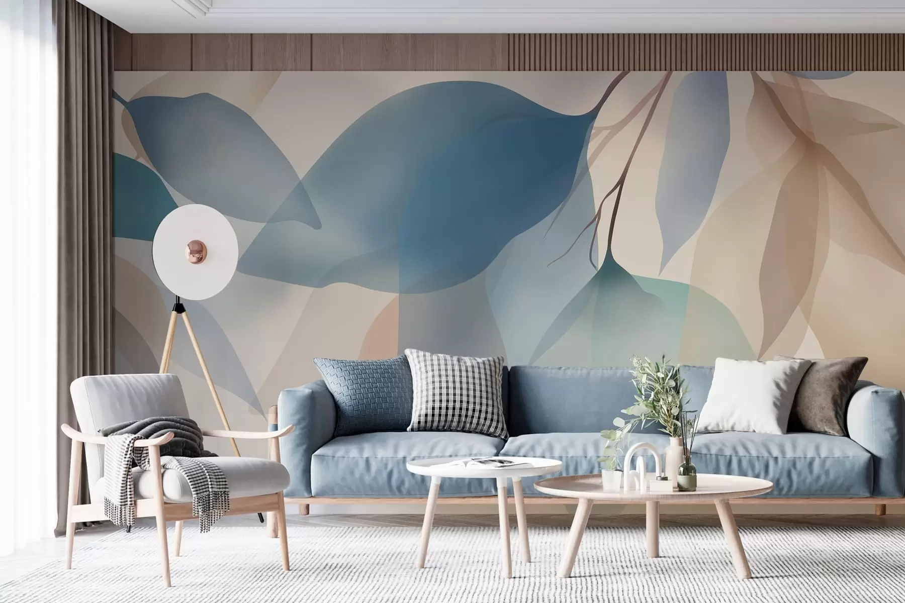 fotószőnyeg elegáns, félig átlátszó levelek kék és bézs árnyalatokban w05060