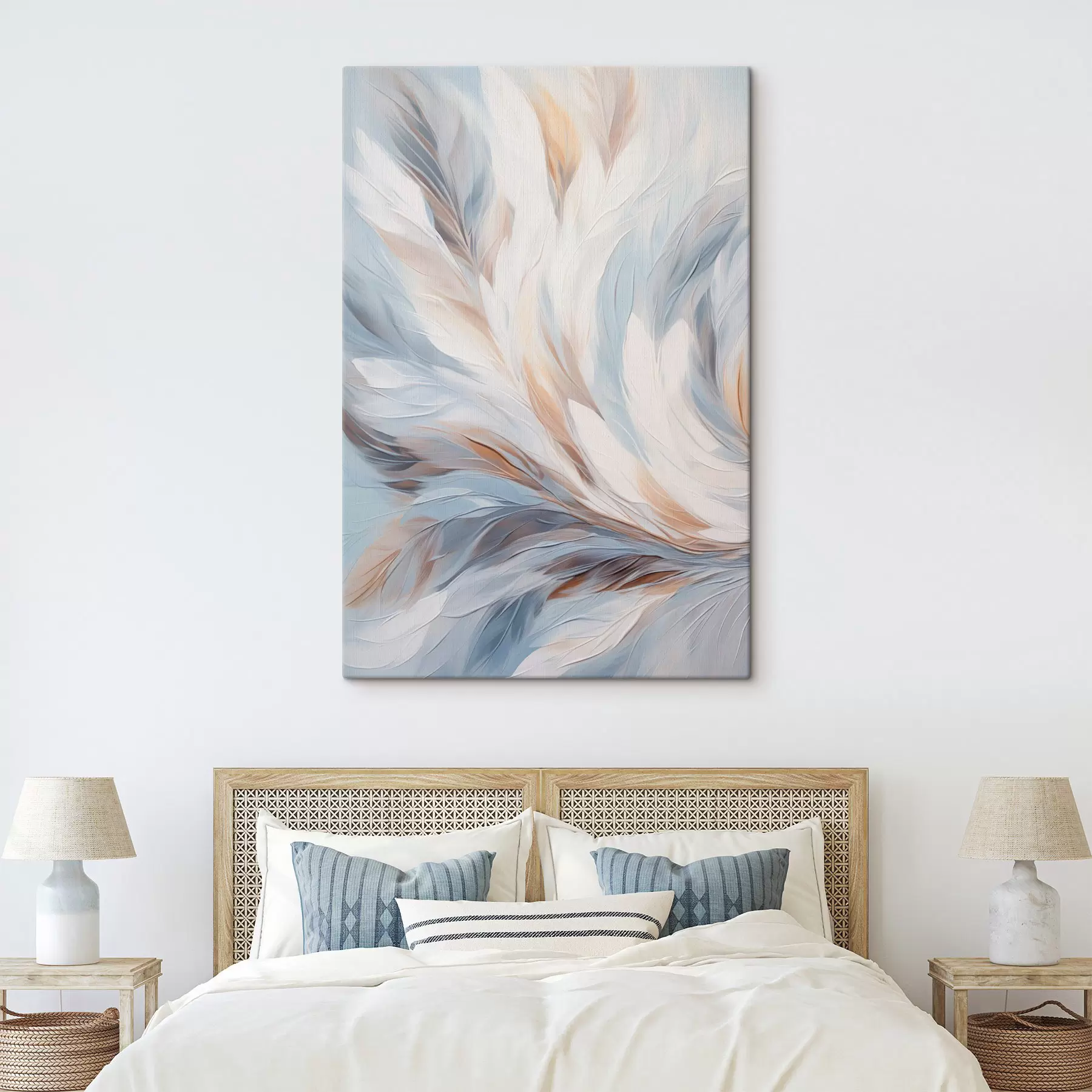 fotótapéta Absztrakt festmény fehér, kék és barna árnyalatú tollakról, puha, áramló textúrával és világos háttérrel. s47417