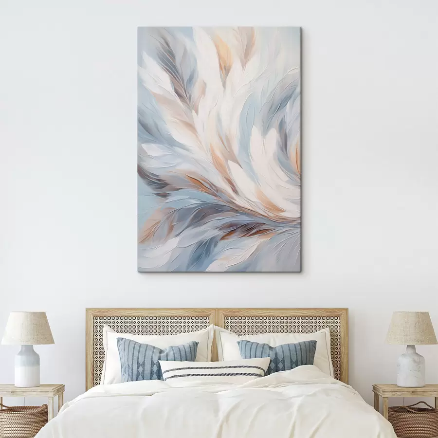 fotótapéta Absztrakt festmény fehér, kék és barna árnyalatú tollakról, puha, áramló textúrával és világos háttérrel. s47417