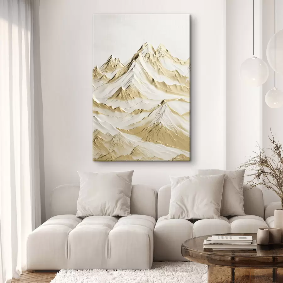 fotótapéta Sárga, hófedte hegyek, éles csúcsokkal és mély völgyekkel, világos ég alatt s47420