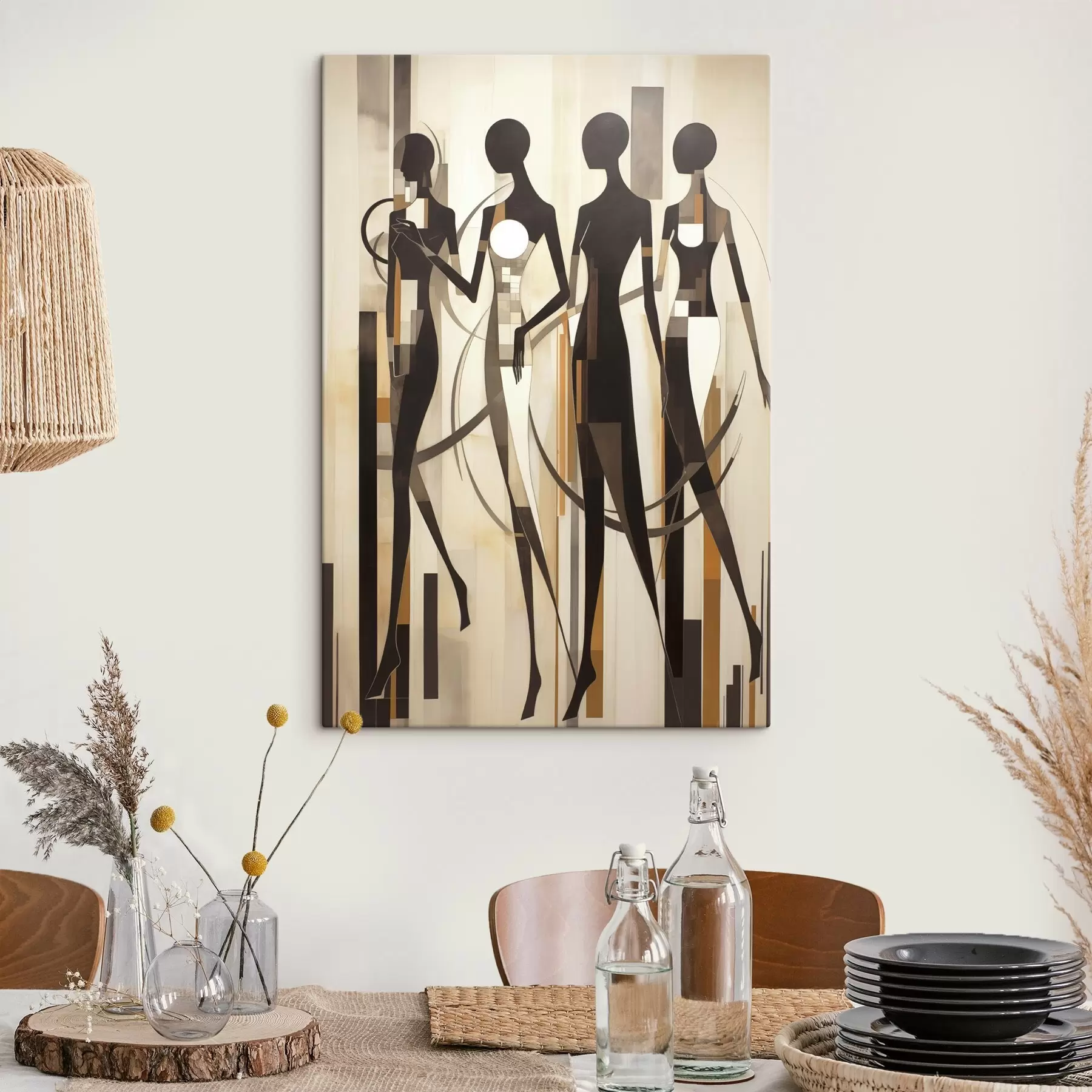 fotótapéta Stilizált női alakok geometrikus elemekkel, függőleges vonalakból álló absztrakt háttér előtt s47423