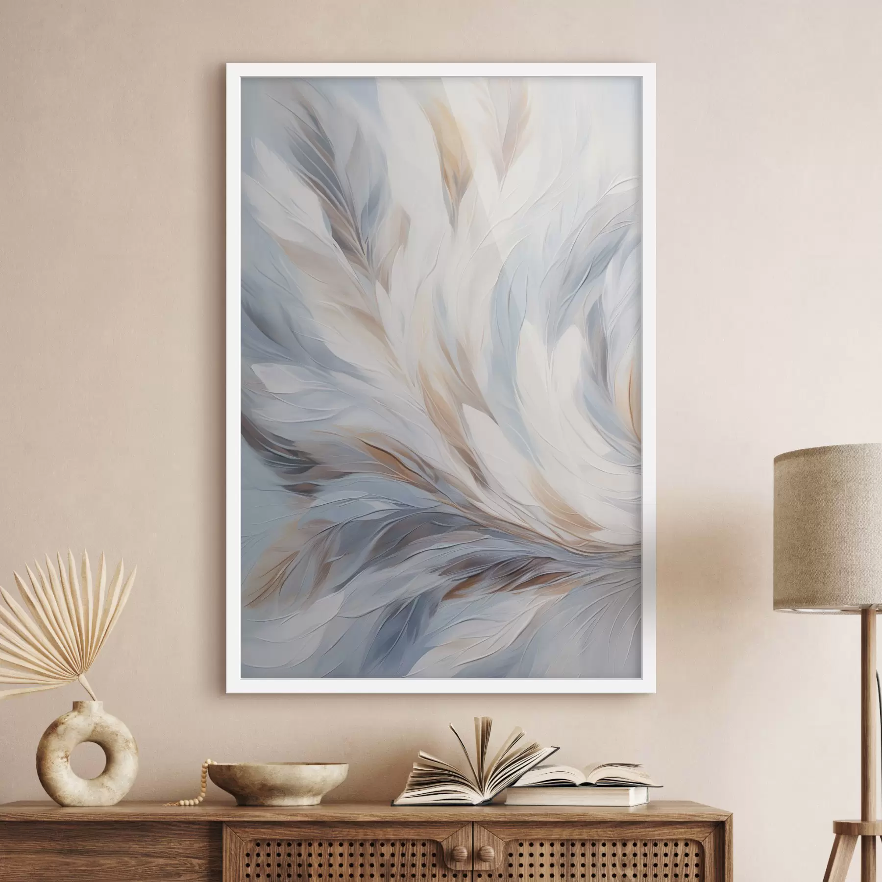 fotószőnyeg Absztrakt festmény fehér, kék és barna árnyalatú tollakról, puha, áramló textúrával és világos háttérrel. f47417