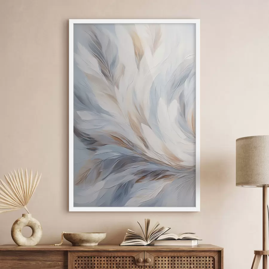 fotószőnyeg Absztrakt festmény fehér, kék és barna árnyalatú tollakról, puha, áramló textúrával és világos háttérrel. f47417