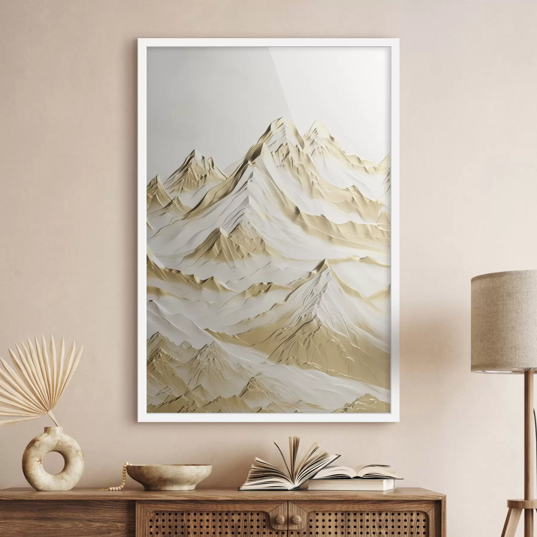 fotószőnyeg Sárga, hófedte hegyek, éles csúcsokkal és mély völgyekkel, világos ég alatt f47420