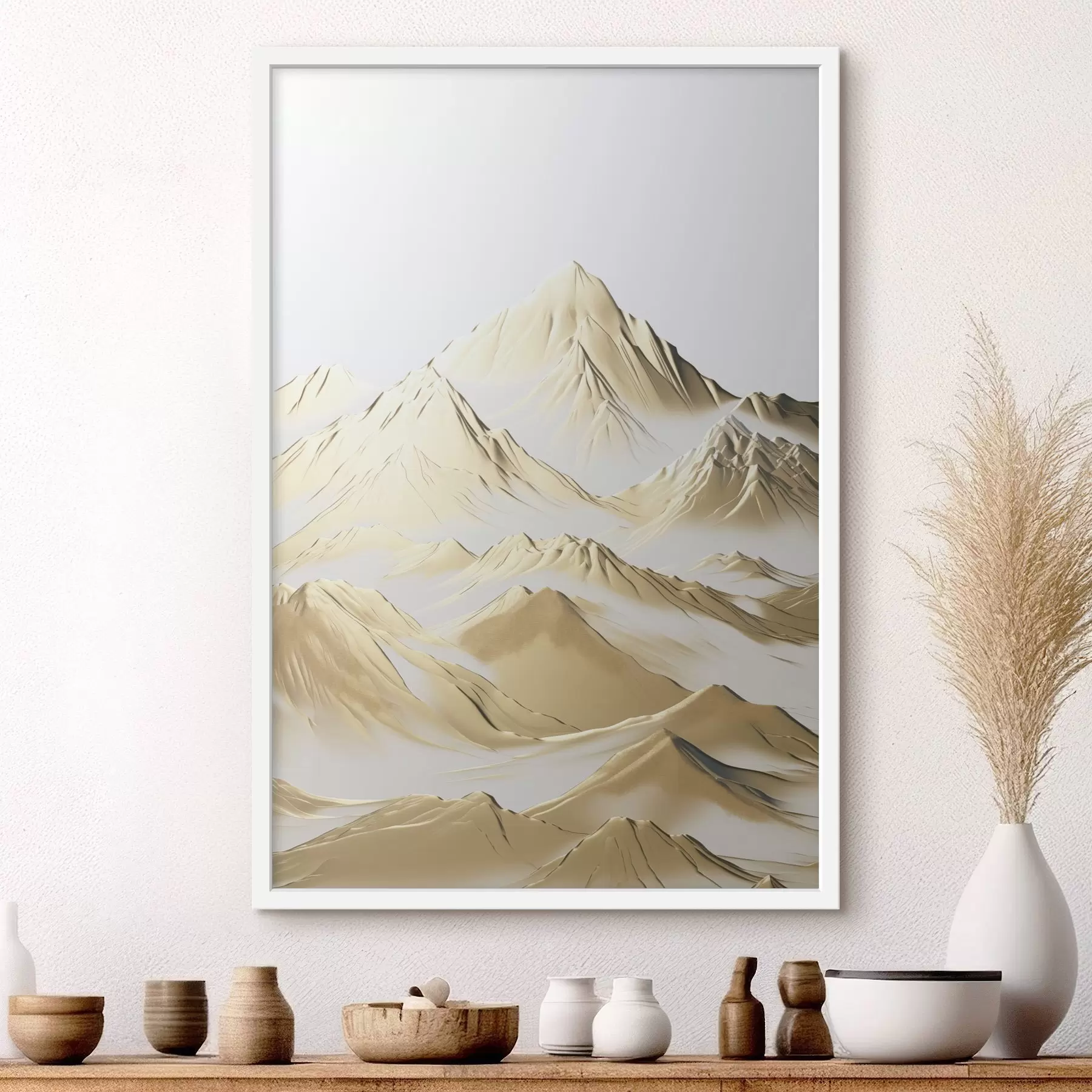 fotószőnyeg Sárga, hófedte hegyek, éles csúcsokkal és mély völgyekkel, világos ég alatt f47421