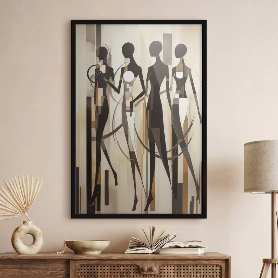 fotószőnyeg Stilizált női alakok geometrikus elemekkel, függőleges vonalakból álló absztrakt háttér előtt f47423