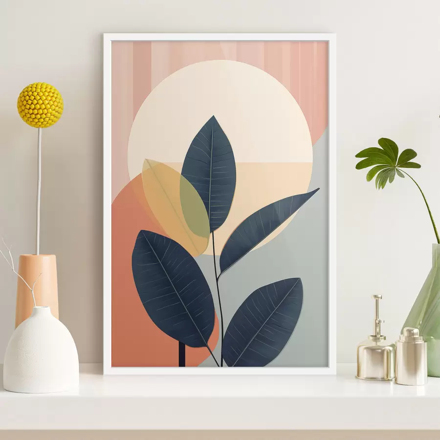 fotószőnyeg Sötét levelek absztrakt formákkal tarkított barack- és szürkés háttér előtt, nagy, halványsárga körrel f47424