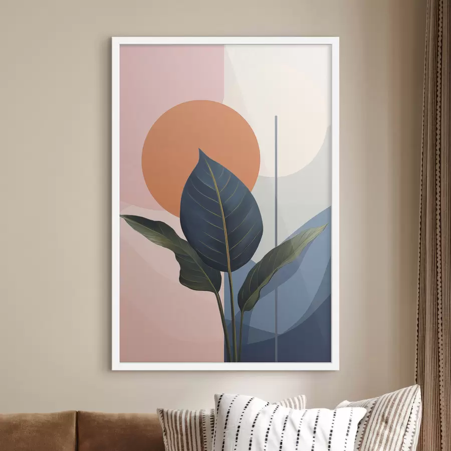 fotószőnyeg Sötét levelek absztrakt formákkal, barack és szürke háttérrel, narancssárga körrel f47425