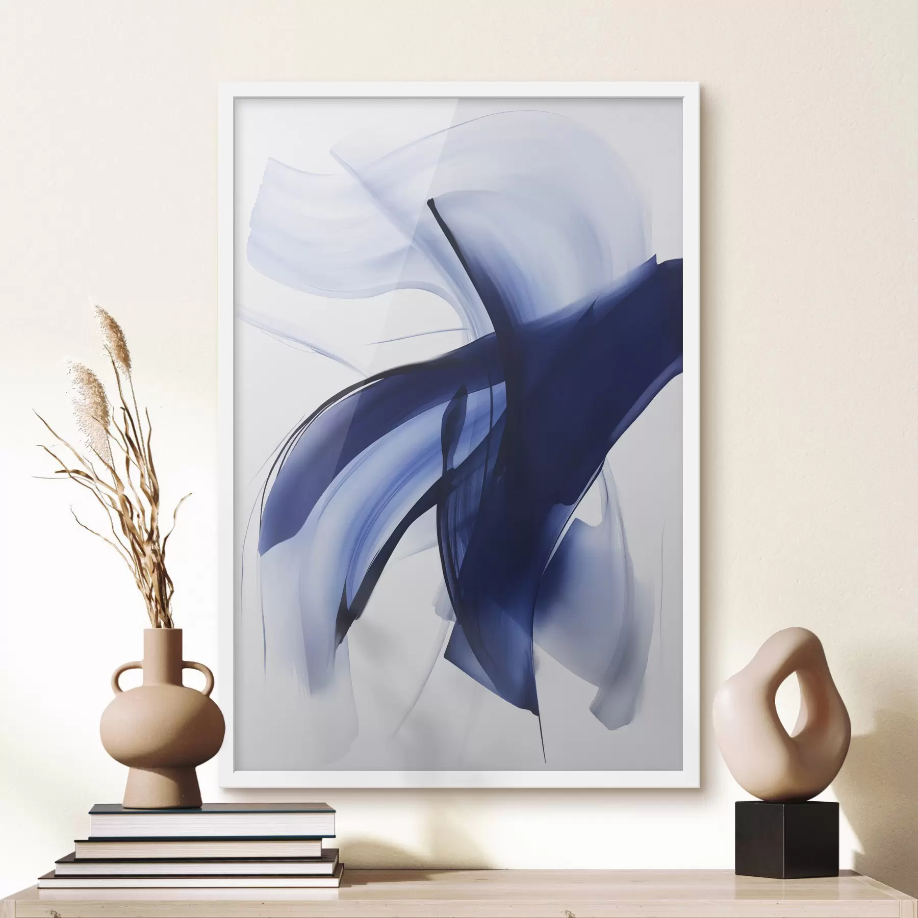 fotószőnyeg Absztrakt kék ecsetvonás-szerű formák folyékony vonalakkal és görbékkel fehér háttér előtt, modern művészet f47429