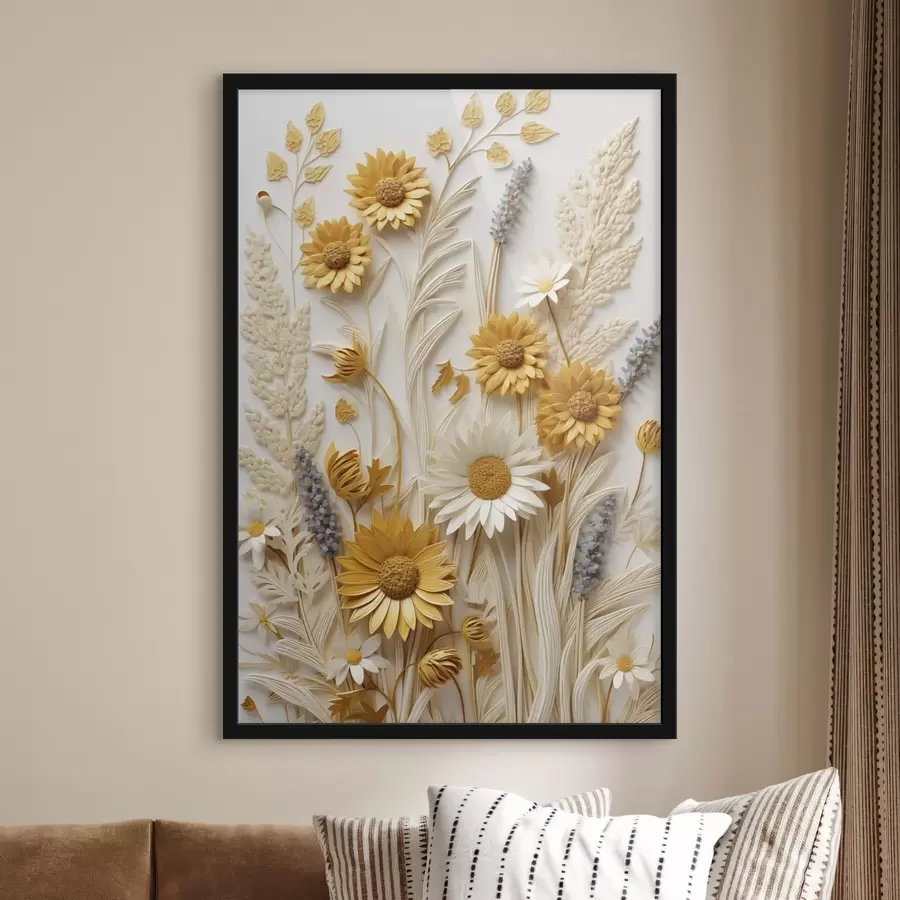 fotószőnyeg Sárga és fehér margaréták texturált gyűjteménye, szárított fűvel és levendula ágacskákkal fehér háttér előtt. f47430