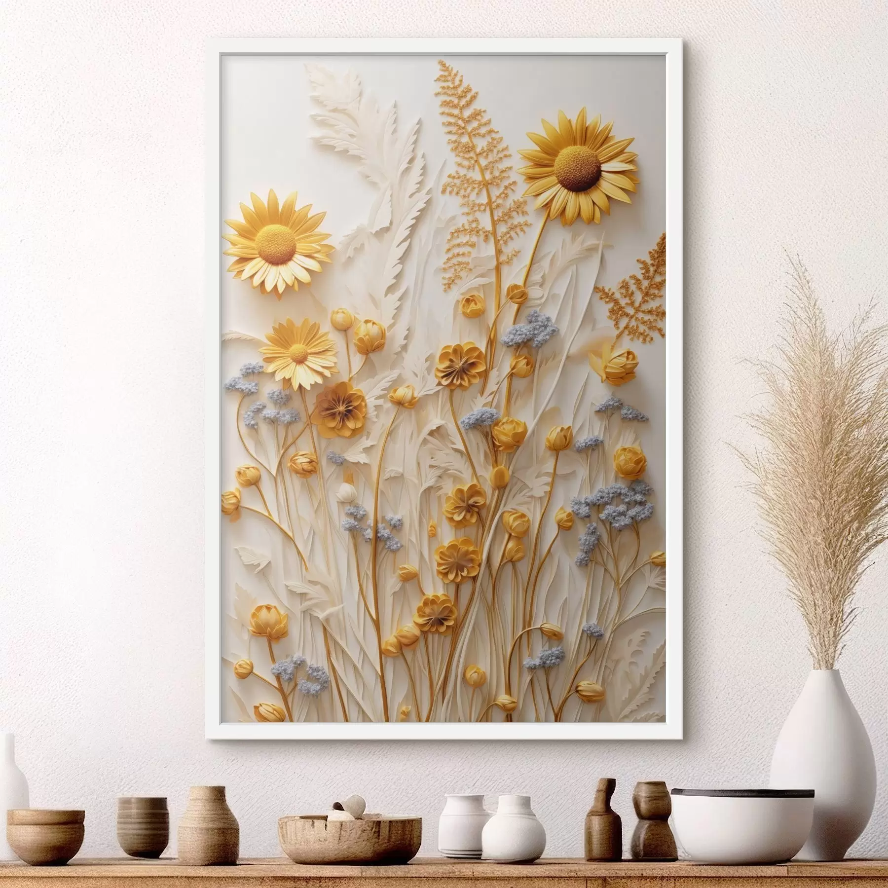 fotószőnyeg Sárga és fehér margaréták texturált gyűjteménye, szárított fűvel és levendula ágacskákkal fehér háttér előtt. f47431