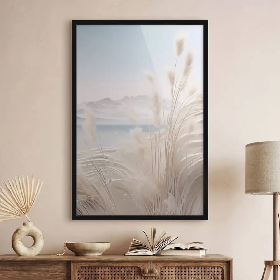 fotószőnyeg Magas, tollas pampas fű puha bézs árnyalatokban, homokos stranddal és hegyekkel a háttérben f47433