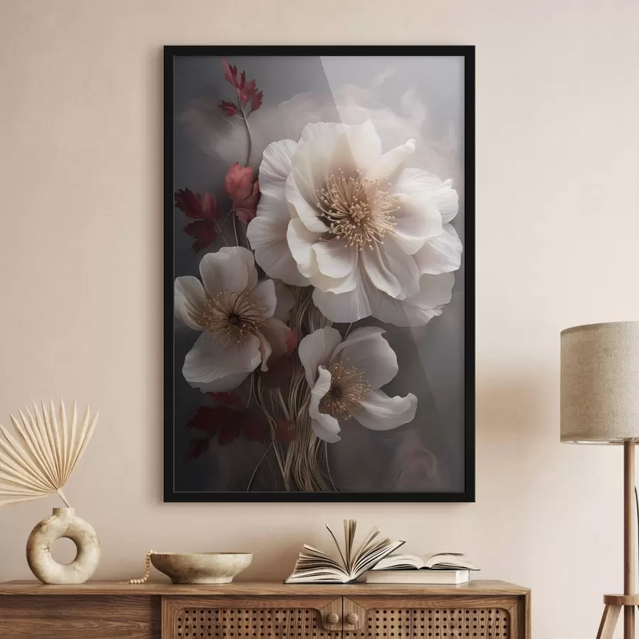 fotószőnyeg Finom pünkösdi rózsák vékony, szálas szirmokkal, sötétvörös levelekkel körülvéve, absztrakt háttér előtt f47434