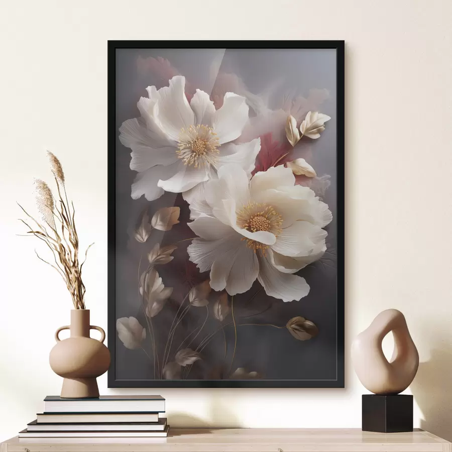 fotószőnyeg Finom pünkösdi rózsák vékony, szálas szirmokkal, sötétvörös és sárga levelekkel körülvéve, absztrakt háttér előtt f47435