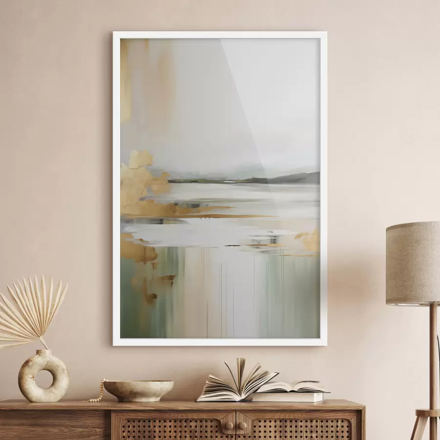 fotószőnyeg Absztrakt táj sárga és zöld árnyalatokkal, az eget és a távoli hegyeket tükröző víz, halvány, ködös égbolt f47438