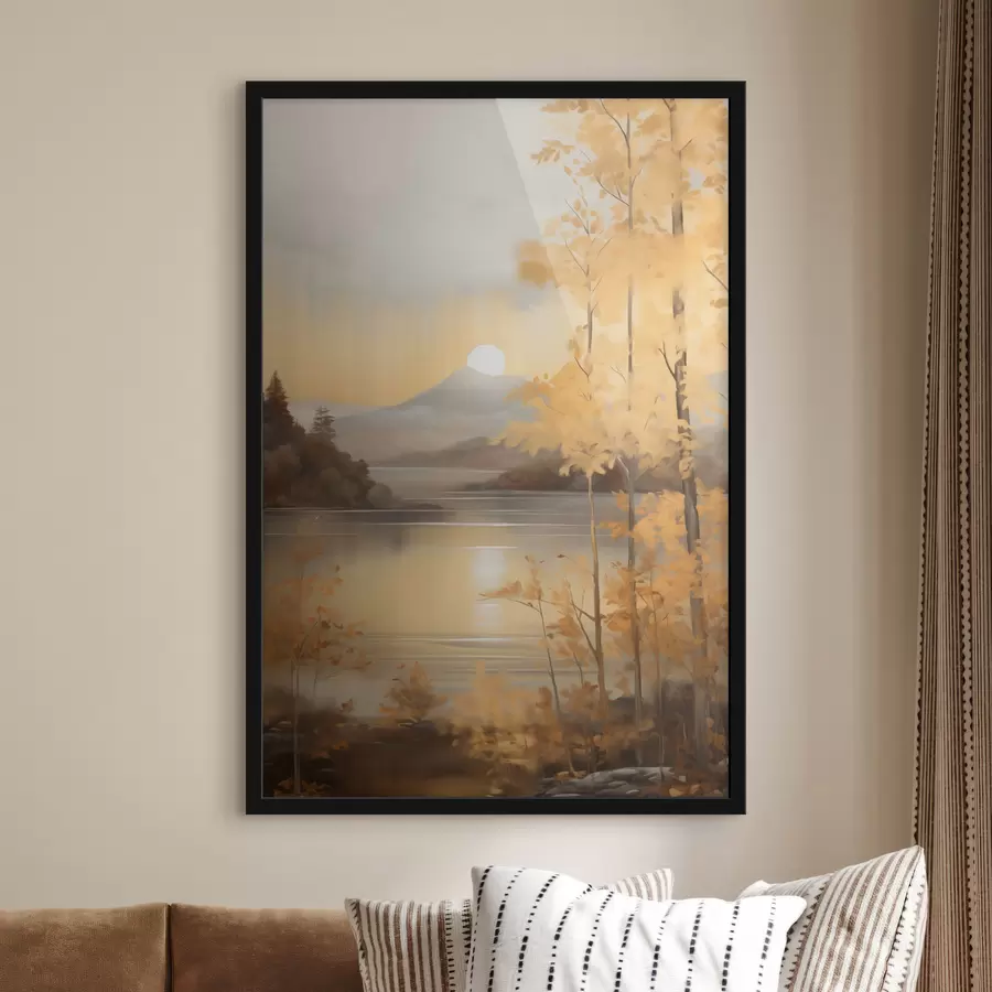 fotószőnyeg Őszi textúrájú, narancssárga levelű fák keretezik a nyugodt tavat, amelynek túlsó partján a felhős ég alatt távoli hegyek láthatók. f47440