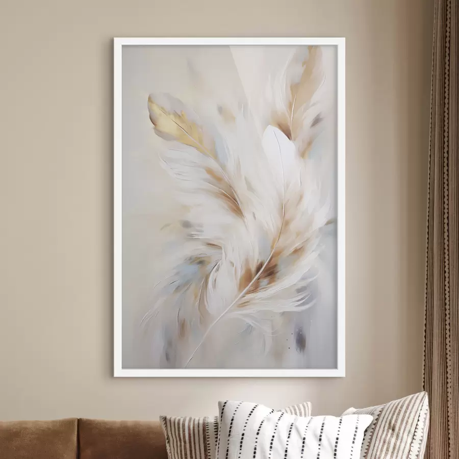 fotószőnyeg Nagy, puha tollak fehér, sárga és barna árnyalatokkal, világos, absztrakt háttér előtt. f47442