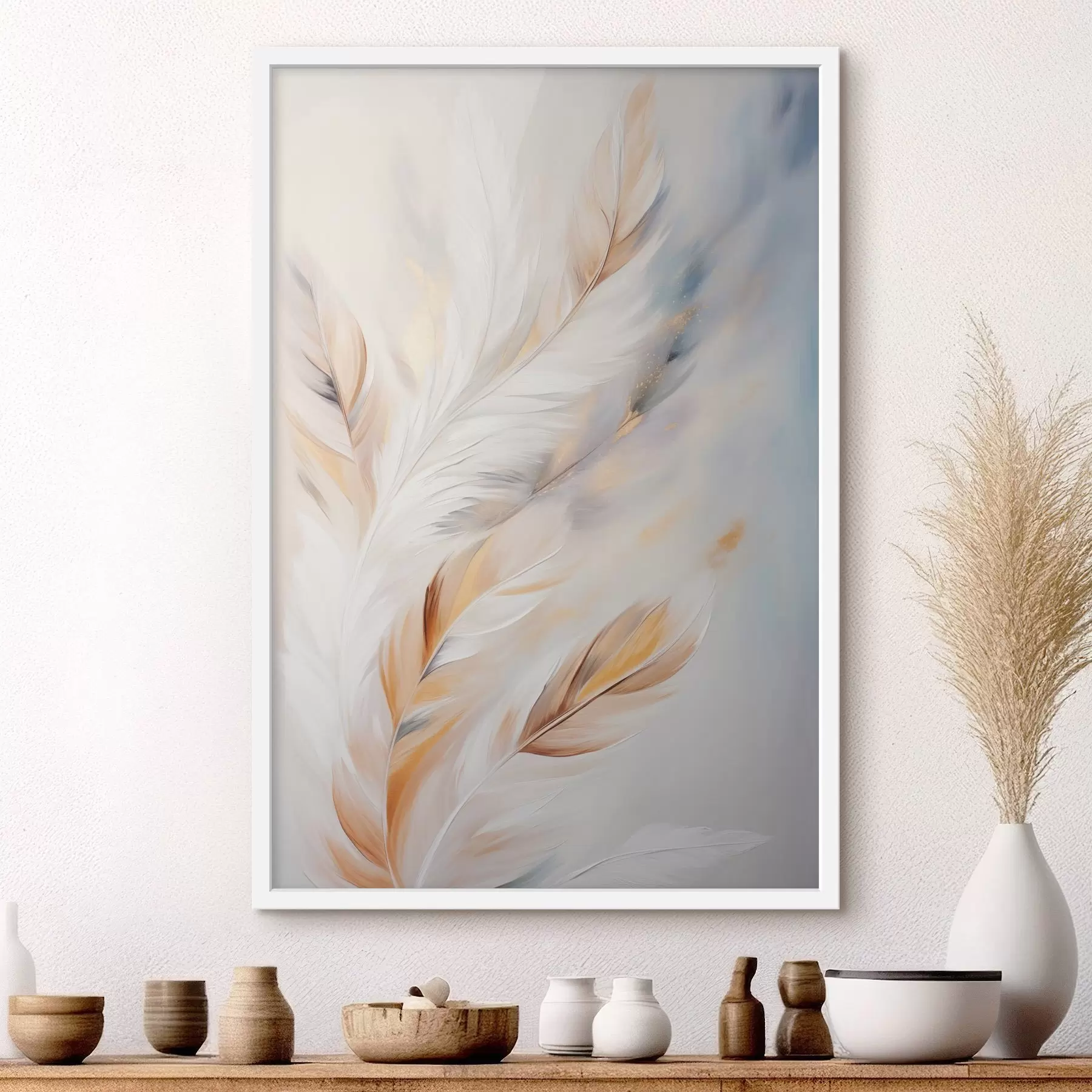 fotószőnyeg Nagy, puha tollak fehér, sárga és barna árnyalatokkal, világos, absztrakt háttér előtt. f47443