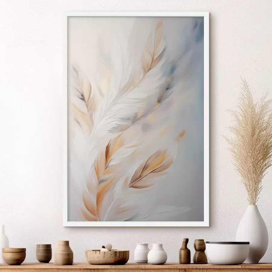 fotószőnyeg Nagy, puha tollak fehér, sárga és barna árnyalatokkal, világos, absztrakt háttér előtt. f47443