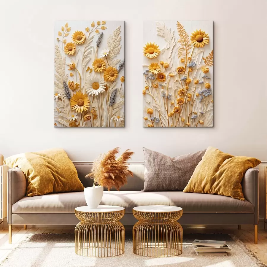 fotótapéta Sárga és fehér margaréták texturált gyűjteménye, szárított fűvel és levendula ágacskákkal fehér háttér előtt. m01241