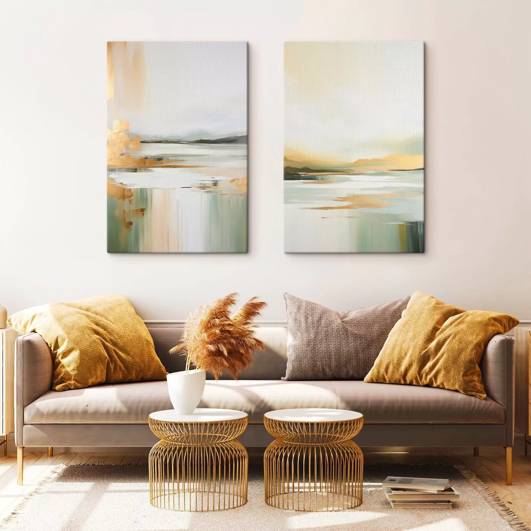 fotótapéta Absztrakt táj sárga és zöld árnyalatokkal, az eget és a távoli hegyeket tükröző víz, halvány, ködös égbolt m01245