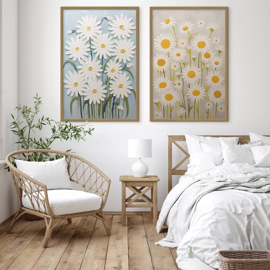 fotószőnyeg Tavaszi frissesség: diptichon terjedelmes százszorszépekkel, impasto stílusban d00633