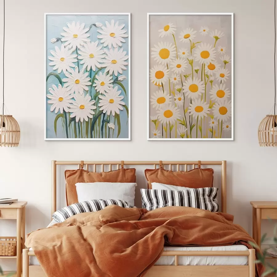 fotószőnyeg Tavaszi frissesség: diptichon terjedelmes százszorszépekkel, impasto stílusban d00633