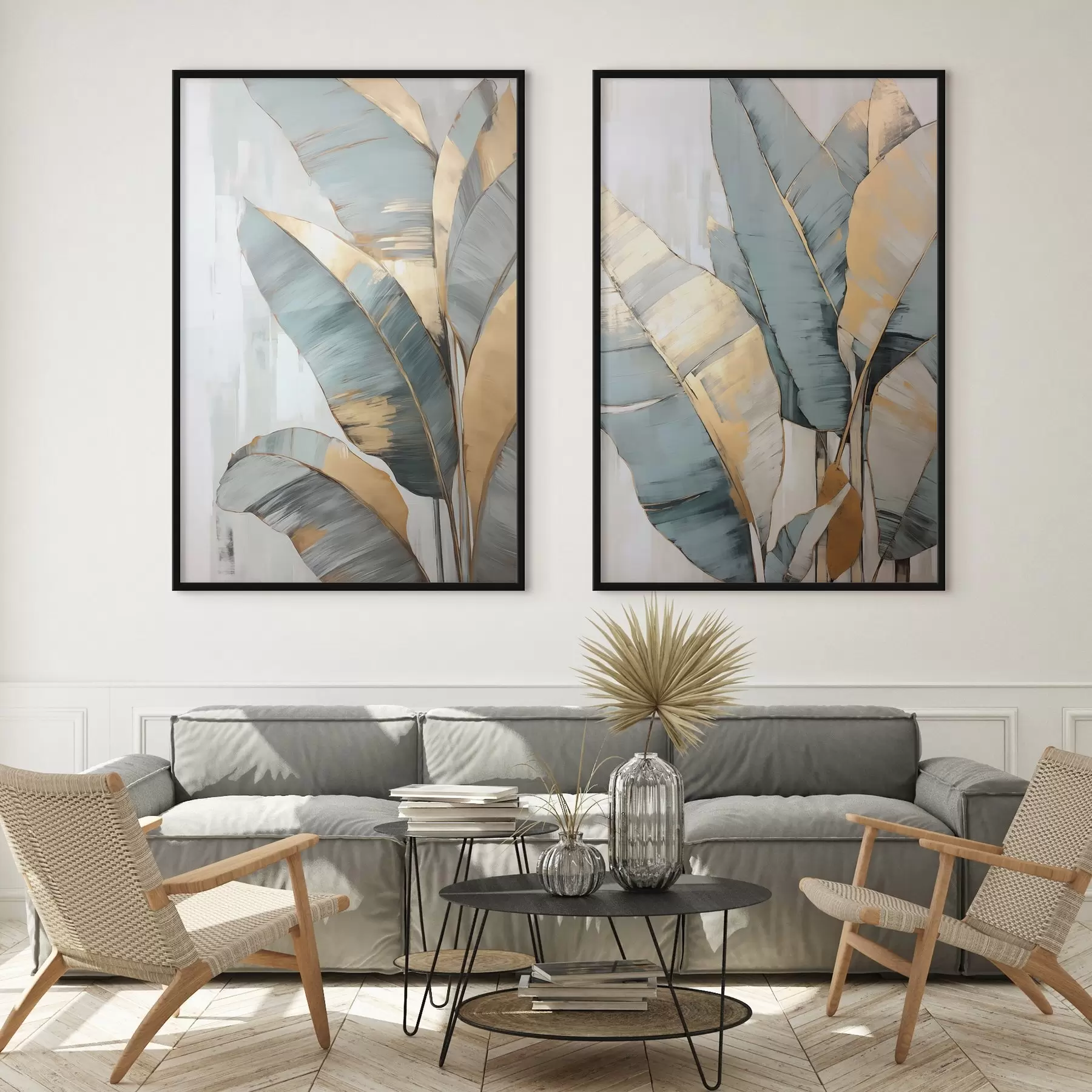 fotószőnyeg Tompított kék, szürke és sárga banánlevelek halmaza látható ecsetvonásokkal, fehér absztrakt háttérben d00645