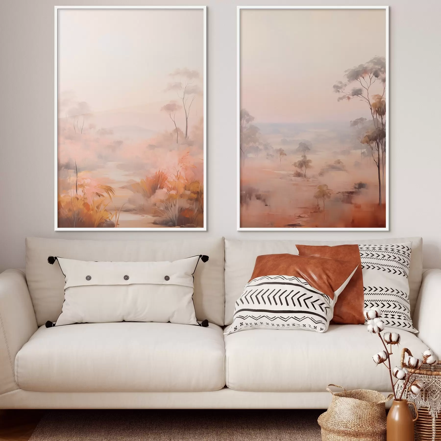 fotószőnyeg Tájkép bokrokkal és fákkal rózsaszín, narancssárga és barna árnyalatokban, a háttérben hegyekkel d00646