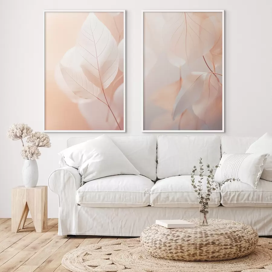 fotószőnyeg Közelkép áttetsző levelek finom erezettel, lágy barack és fehér színpaletta, elmosódott háttérrel d00647