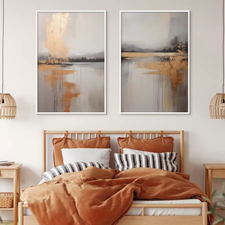 fotószőnyeg Absztrakt tájkép tóval, fával és sárga köddel , a víz tükrözi a felhős égboltot d00657