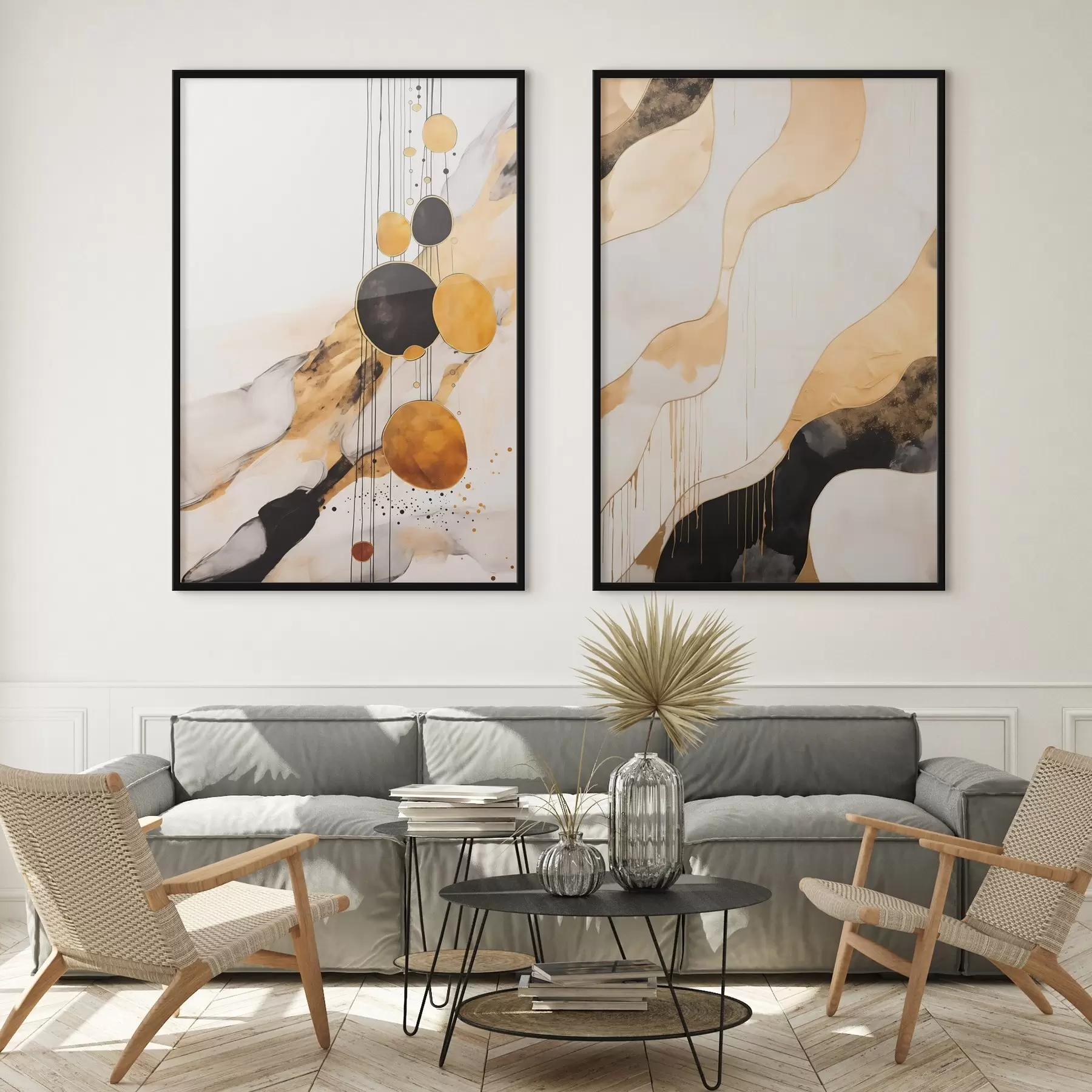 fotószőnyeg Absztrakt kompozíció fekete és narancssárga körökkel d00684